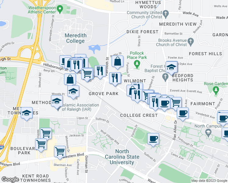 map of restaurants, bars, coffee shops, grocery stores, and more near 12 Turner Street in Raleigh