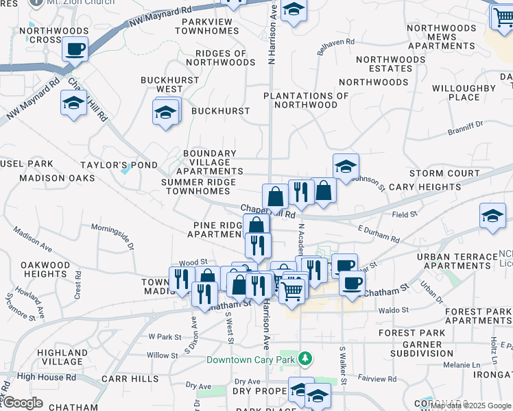 map of restaurants, bars, coffee shops, grocery stores, and more near 214 Adams Street in Cary