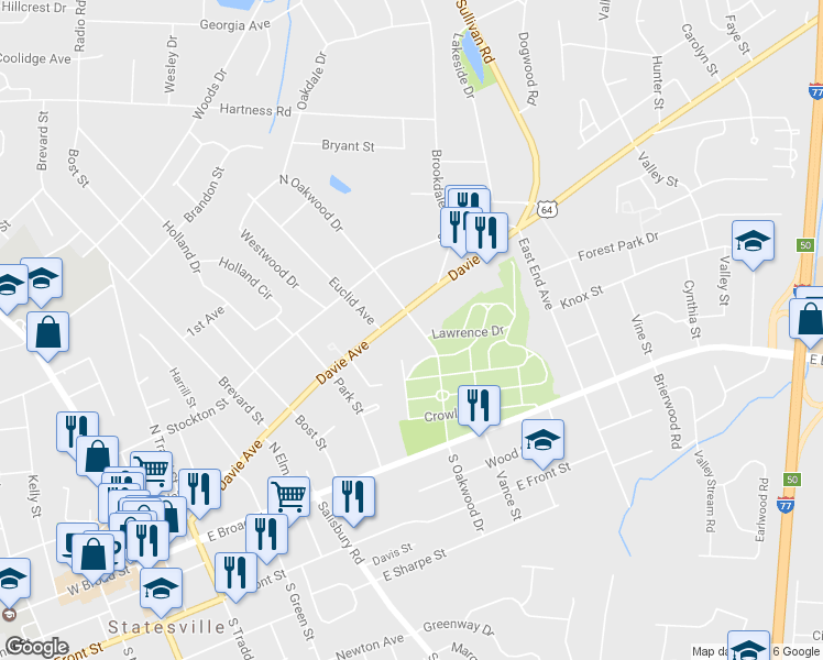 map of restaurants, bars, coffee shops, grocery stores, and more near 127 North Oakwood Drive in Statesville