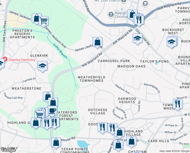 map of restaurants, bars, coffee shops, grocery stores, and more near 1033 Contessa Drive in Cary