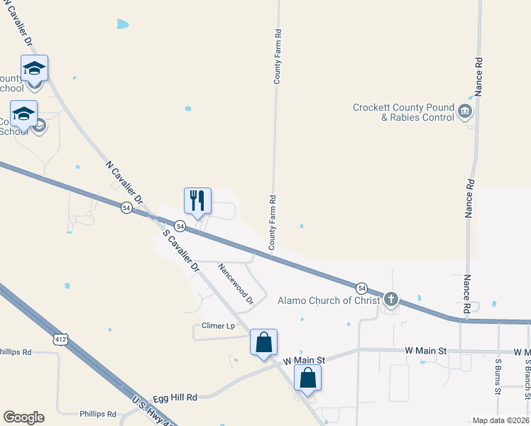 map of restaurants, bars, coffee shops, grocery stores, and more near 132 County Farm Road in Alamo