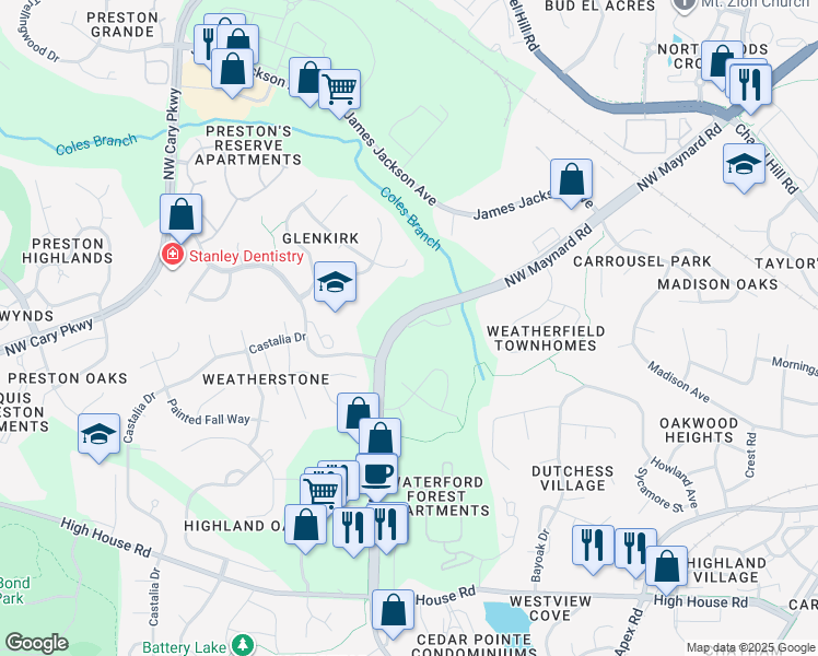 map of restaurants, bars, coffee shops, grocery stores, and more near 200 Weather Ridge Lane in Cary