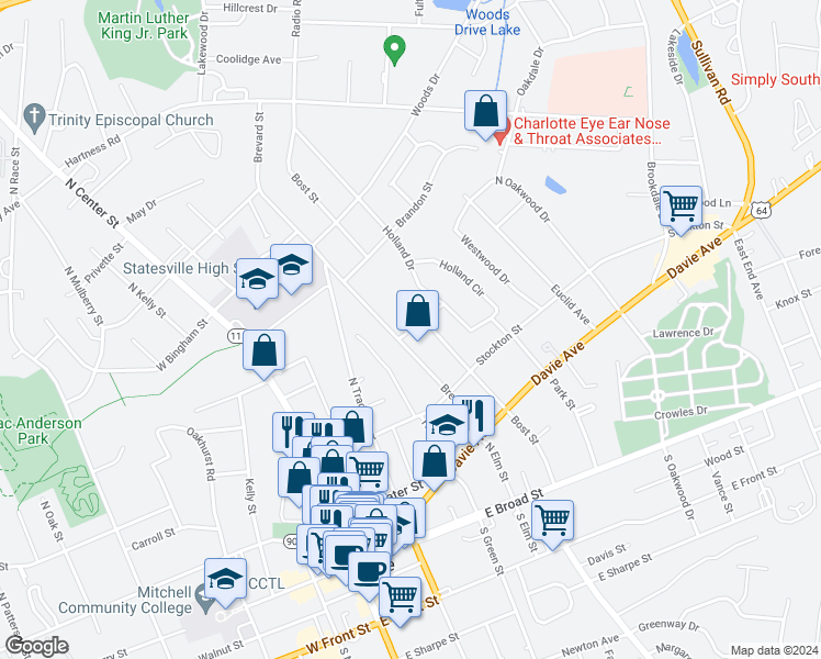 map of restaurants, bars, coffee shops, grocery stores, and more near 415 1st Avenue in Statesville