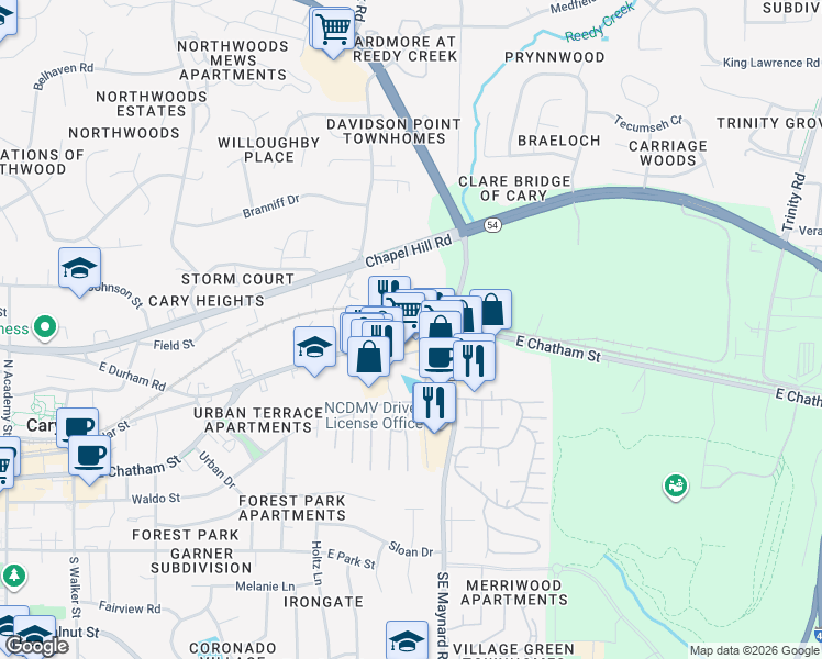 map of restaurants, bars, coffee shops, grocery stores, and more near 104 North Lake Street in Cary