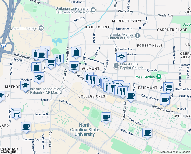 map of restaurants, bars, coffee shops, grocery stores, and more near 12 Henderson Street in Raleigh