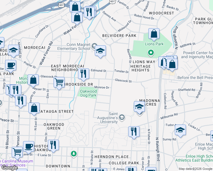 map of restaurants, bars, coffee shops, grocery stores, and more near 909 North State Street in Raleigh