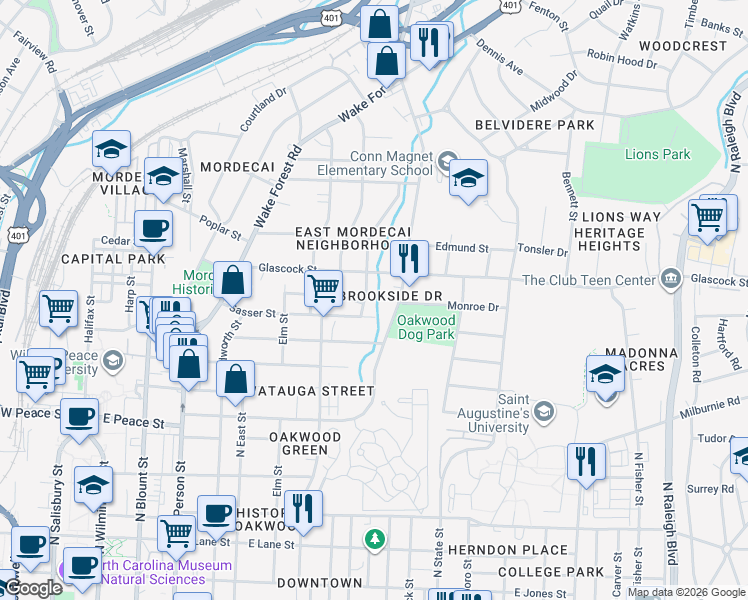 map of restaurants, bars, coffee shops, grocery stores, and more near 925 Brookside Drive in Raleigh