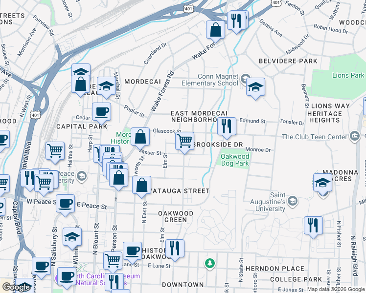 map of restaurants, bars, coffee shops, grocery stores, and more near 703 Sasser Street in Raleigh