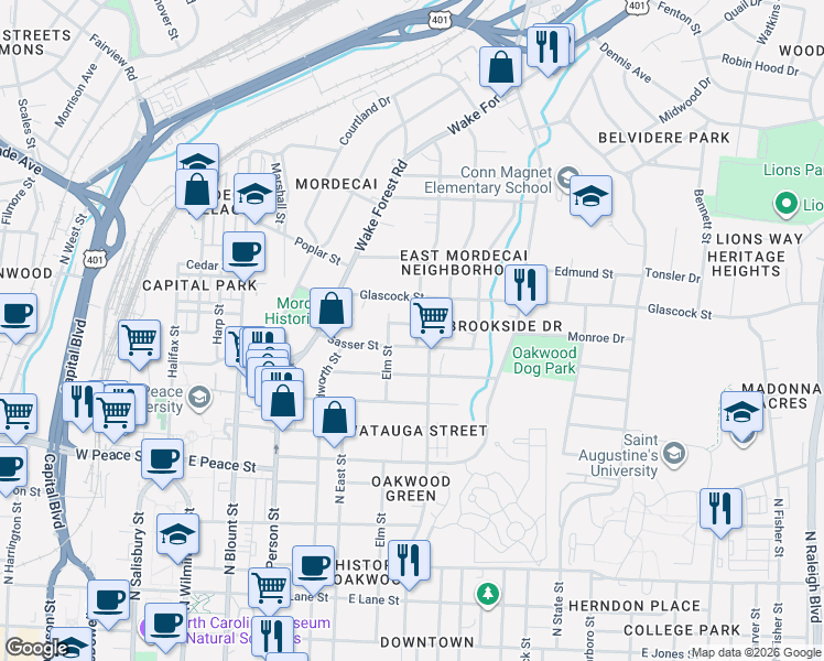 map of restaurants, bars, coffee shops, grocery stores, and more near 703 Sasser Street in Raleigh