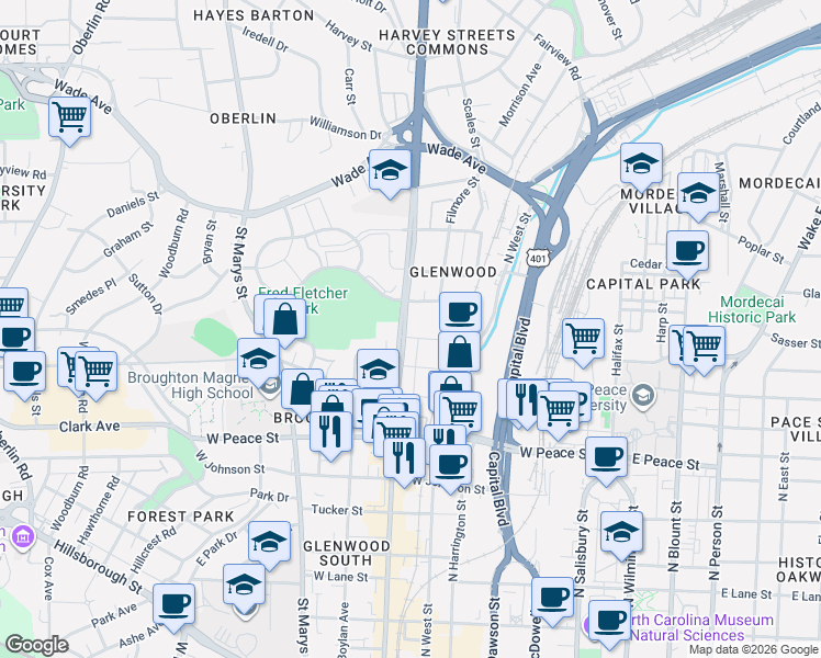 map of restaurants, bars, coffee shops, grocery stores, and more near in Raleigh