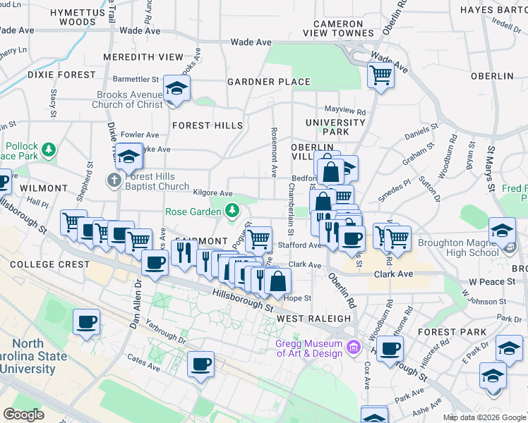 map of restaurants, bars, coffee shops, grocery stores, and more near 310 Pogue Street in Raleigh