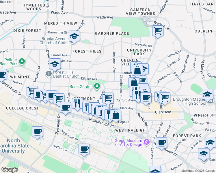 map of restaurants, bars, coffee shops, grocery stores, and more near 310 Pogue Street in Raleigh