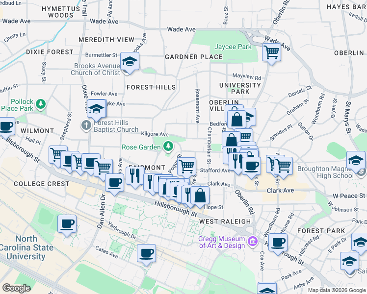 map of restaurants, bars, coffee shops, grocery stores, and more near 310 Pogue Street in Raleigh