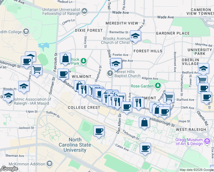 map of restaurants, bars, coffee shops, grocery stores, and more near 24 Daisy Street in Raleigh