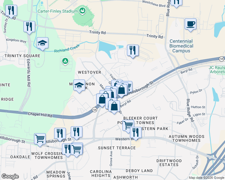 map of restaurants, bars, coffee shops, grocery stores, and more near 5306 Hillsborough Street in Raleigh