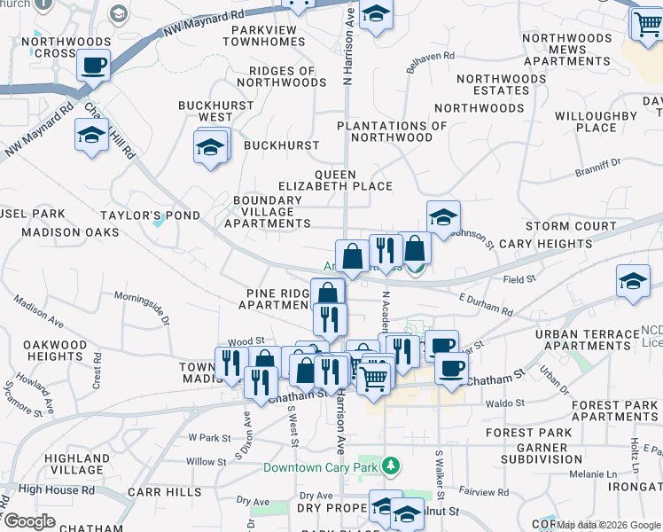 map of restaurants, bars, coffee shops, grocery stores, and more near 214 Adams Street in Cary