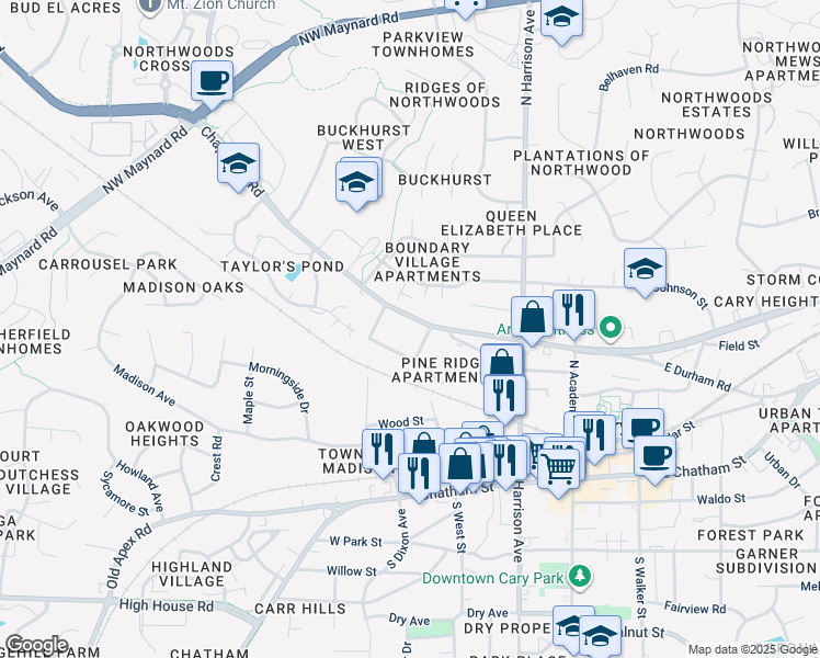 map of restaurants, bars, coffee shops, grocery stores, and more near 302 Middleton Avenue in Cary