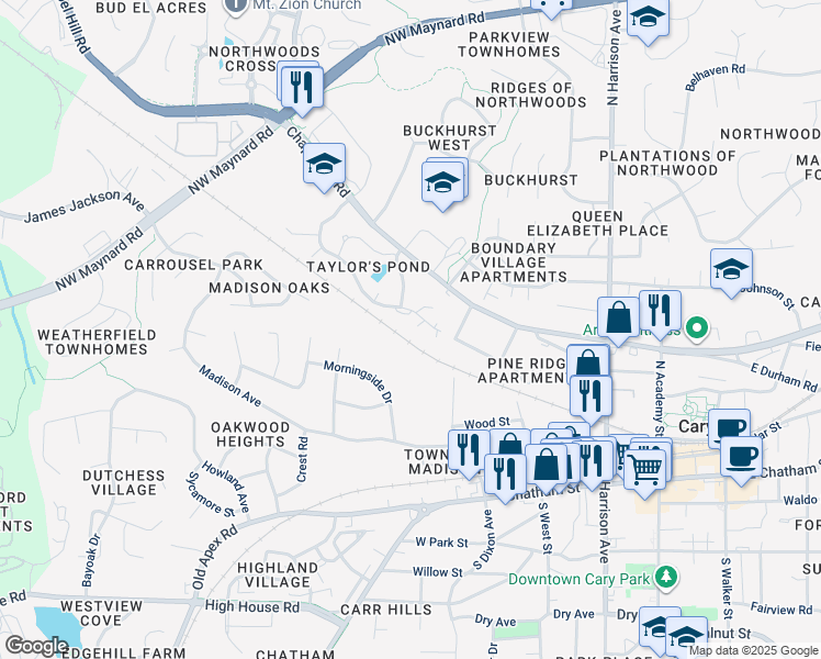 map of restaurants, bars, coffee shops, grocery stores, and more near 115 Brightleaf Court in Cary