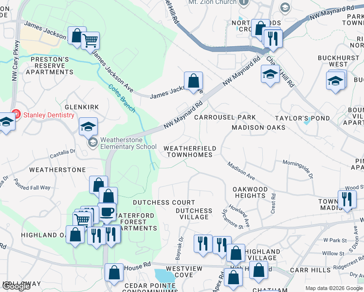 map of restaurants, bars, coffee shops, grocery stores, and more near 1033 Contessa Drive in Cary