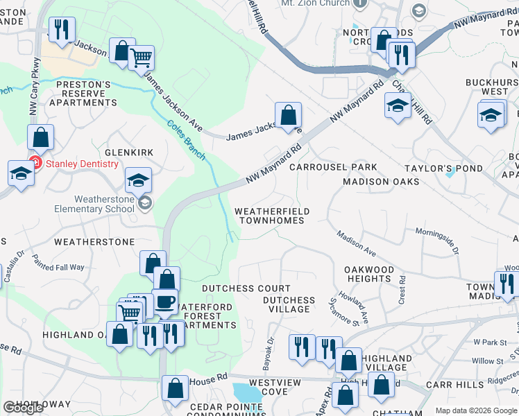 map of restaurants, bars, coffee shops, grocery stores, and more near 1134 Contessa Drive in Cary