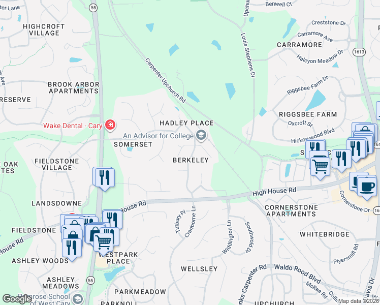 map of restaurants, bars, coffee shops, grocery stores, and more near 102 Dometh Court in Cary
