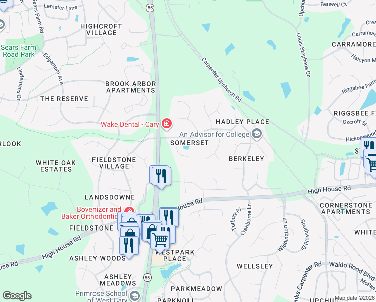 map of restaurants, bars, coffee shops, grocery stores, and more near 112 Horne Creek Court in Cary