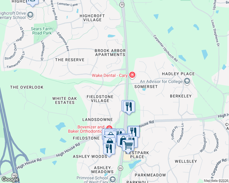 map of restaurants, bars, coffee shops, grocery stores, and more near 101 Elmview Drive in Cary