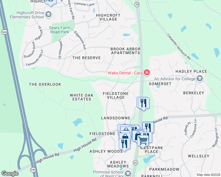 map of restaurants, bars, coffee shops, grocery stores, and more near 105 Grandtree Court in Cary