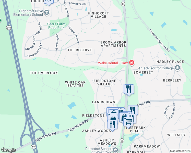 map of restaurants, bars, coffee shops, grocery stores, and more near 204 West Hill Drive in Cary