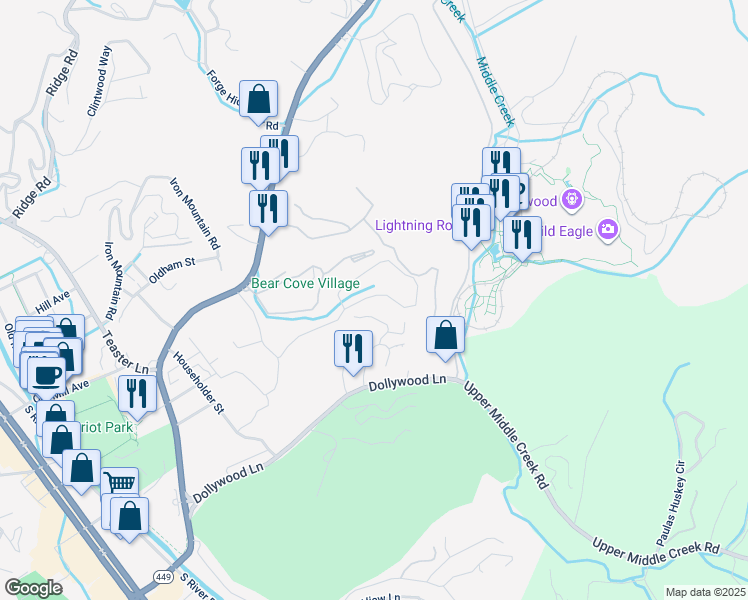 map of restaurants, bars, coffee shops, grocery stores, and more near 1128 Cove Falls Way in Pigeon Forge