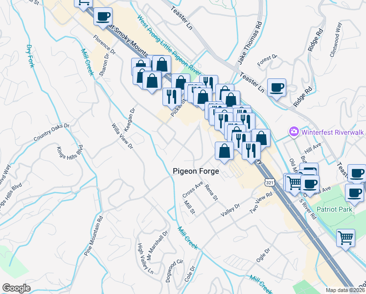 map of restaurants, bars, coffee shops, grocery stores, and more near 307 Bellwood Avenue in Pigeon Forge