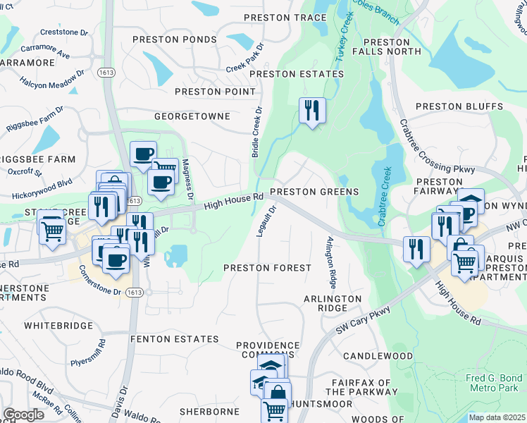 map of restaurants, bars, coffee shops, grocery stores, and more near 102 Legault Drive in Cary