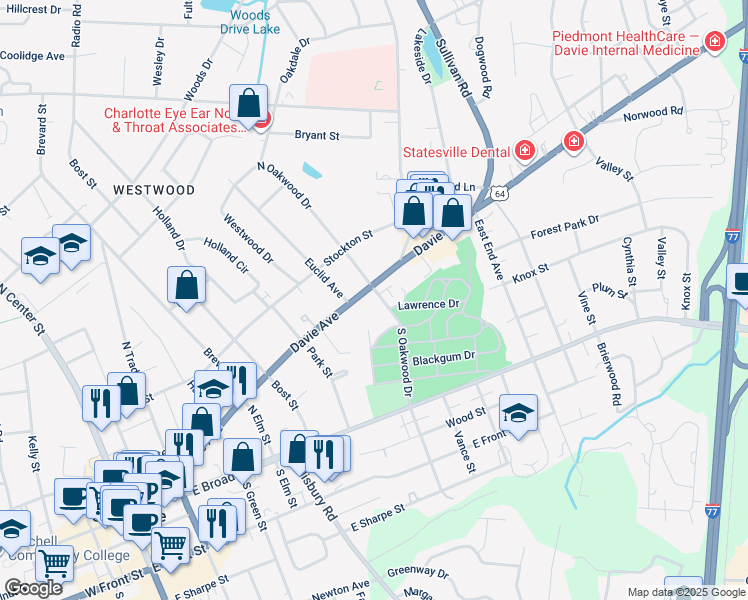 map of restaurants, bars, coffee shops, grocery stores, and more near 127 North Oakwood Drive in Statesville