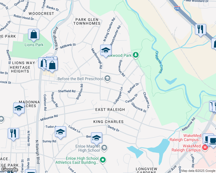 map of restaurants, bars, coffee shops, grocery stores, and more near 2413 Glascock Street in Raleigh
