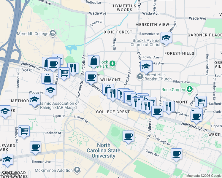 map of restaurants, bars, coffee shops, grocery stores, and more near 12 Henderson Street in Raleigh