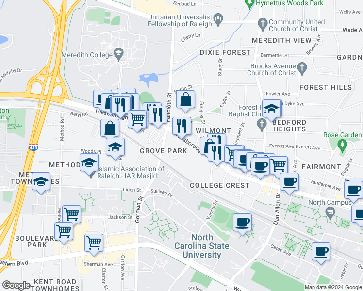 map of restaurants, bars, coffee shops, grocery stores, and more near 10 Turner Street in Raleigh