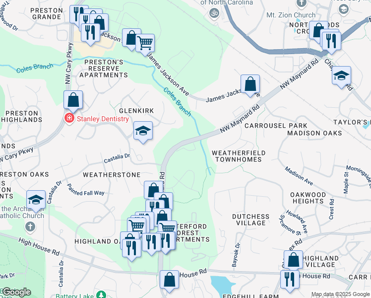 map of restaurants, bars, coffee shops, grocery stores, and more near 412 Weather Ridge Lane in Cary