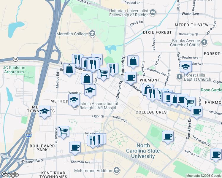 map of restaurants, bars, coffee shops, grocery stores, and more near 3519 Neil Street in Raleigh
