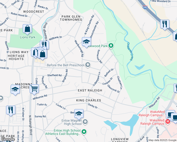map of restaurants, bars, coffee shops, grocery stores, and more near 2413 Glascock Street in Raleigh
