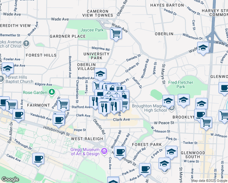 map of restaurants, bars, coffee shops, grocery stores, and more near 2014 Cameron Street in Raleigh