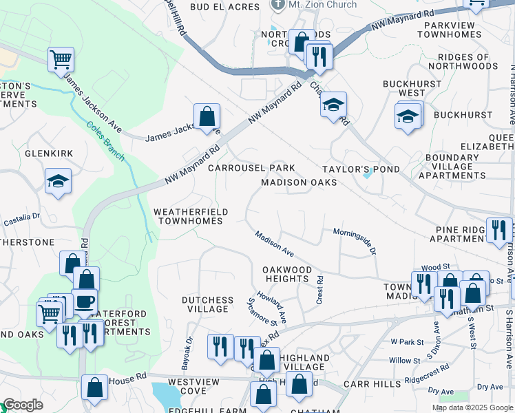 map of restaurants, bars, coffee shops, grocery stores, and more near 832 Chip Circle in Cary