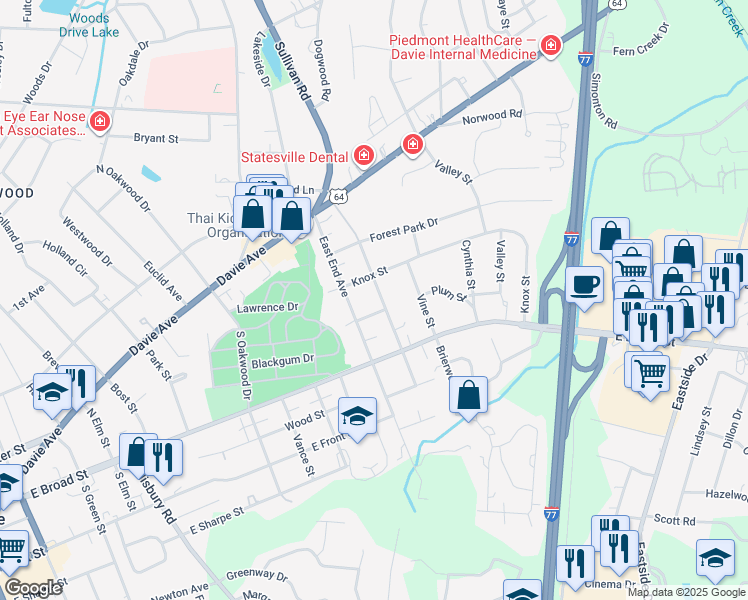 map of restaurants, bars, coffee shops, grocery stores, and more near 110 East End Avenue in Statesville