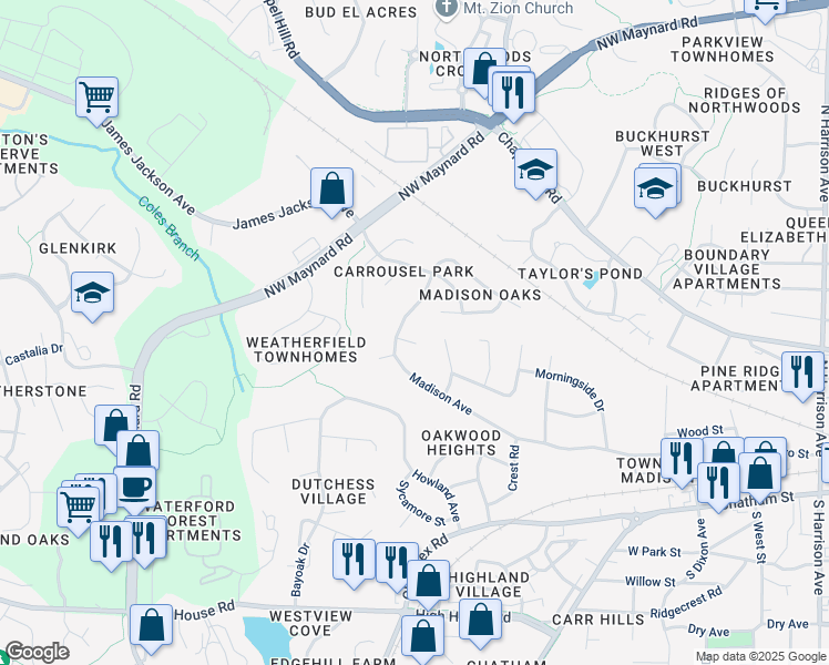map of restaurants, bars, coffee shops, grocery stores, and more near 832 Chip Circle in Cary