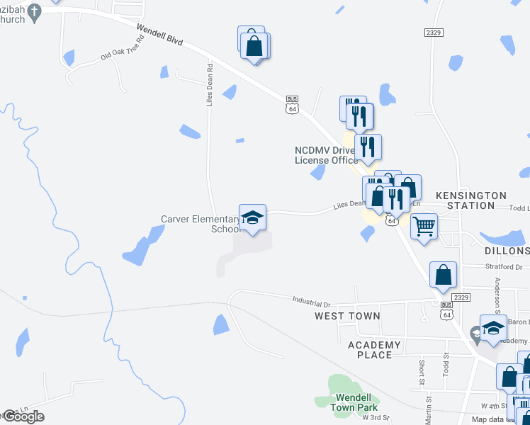 map of restaurants, bars, coffee shops, grocery stores, and more near 216 Liles Dean Road in Wendell