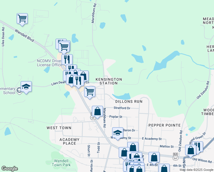 map of restaurants, bars, coffee shops, grocery stores, and more near 209 Todd Lane in Wendell