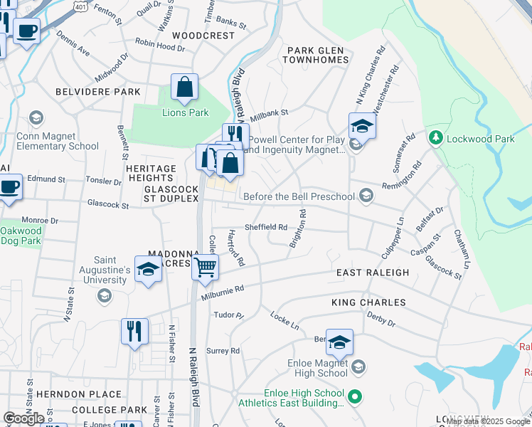 map of restaurants, bars, coffee shops, grocery stores, and more near 2200 Glascock Street in Raleigh