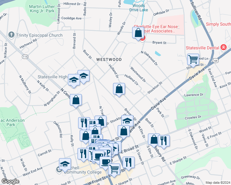 map of restaurants, bars, coffee shops, grocery stores, and more near 411 1st Avenue in Statesville