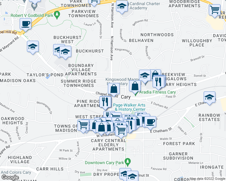 map of restaurants, bars, coffee shops, grocery stores, and more near 504 North Harrison Avenue in Cary