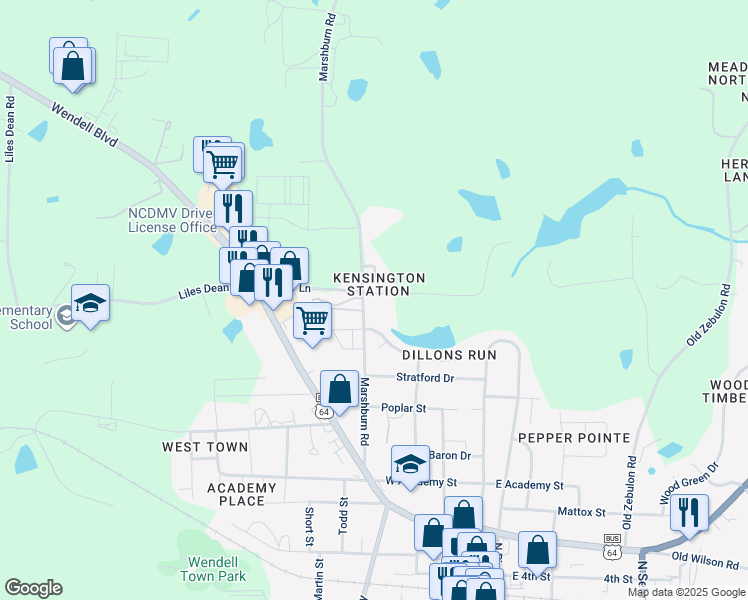 map of restaurants, bars, coffee shops, grocery stores, and more near 209 Todd Lane in Wendell