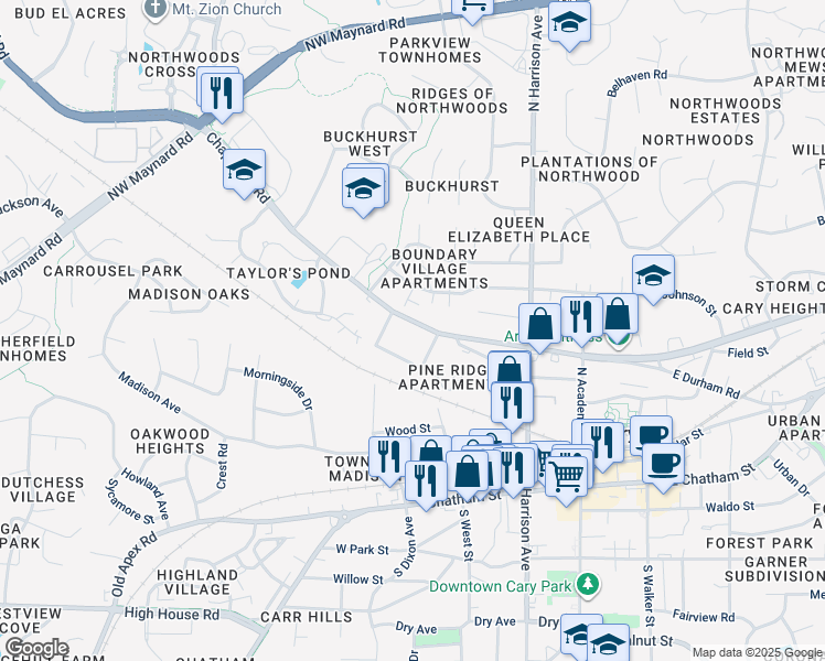 map of restaurants, bars, coffee shops, grocery stores, and more near 8711 Chapel Hill Road in Cary